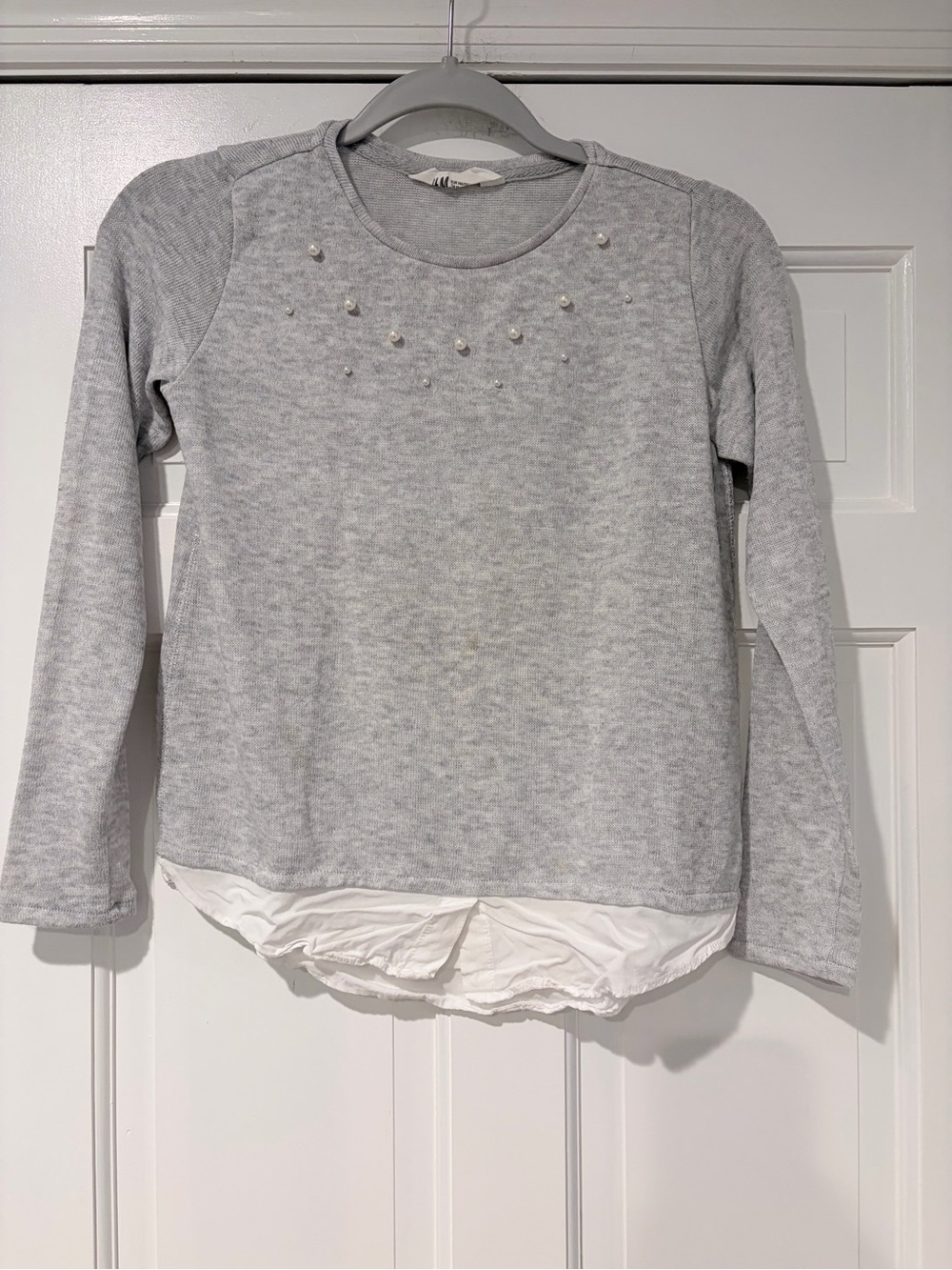 H&M Girls' Light Gray Pearl-Embellished Layered Hem Sweatshirt